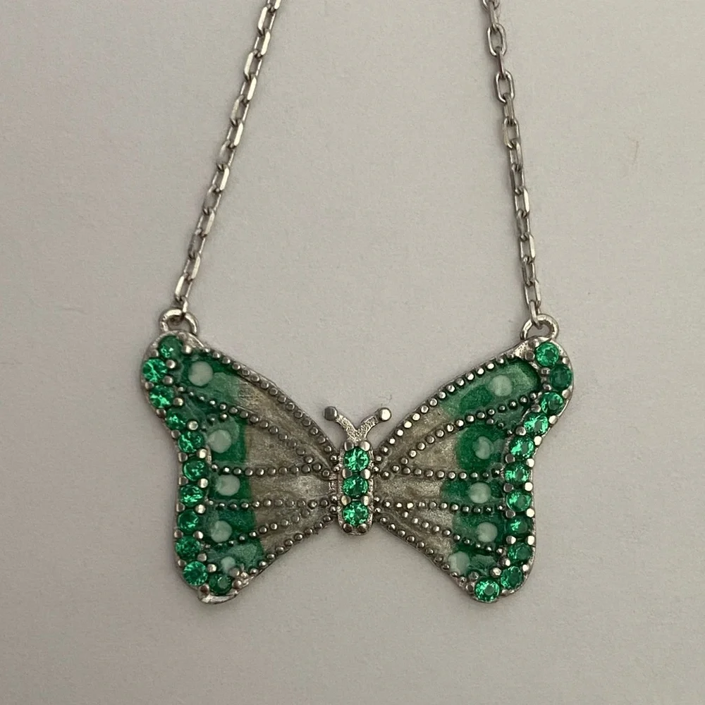 925 Silver butterfly necklace cz stones and green white handmade enamel
